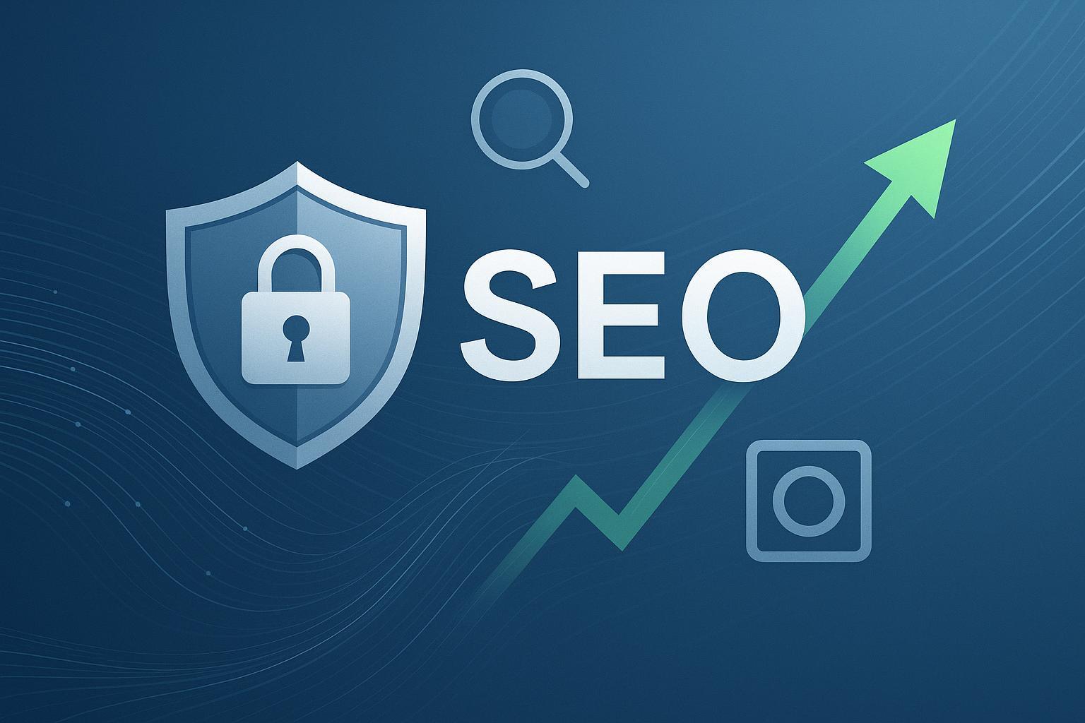 网络安全与SEO指南封面图:防护盾、SEO排名箭头、科技元素