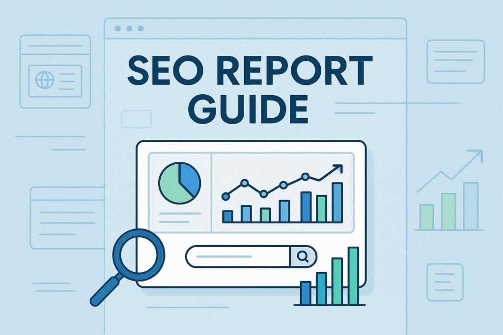SEO报告制作操作指南的专业封面，含数据图表和分析界面元素