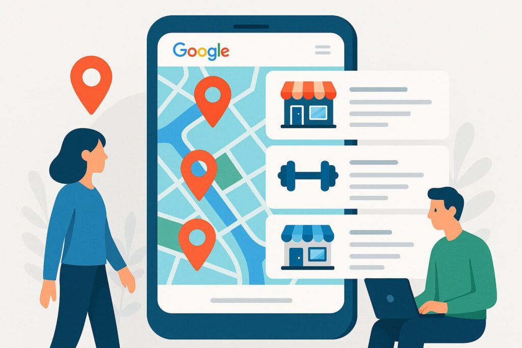 小型实体企业在Google地图Local Pack中高亮展示的现代插画