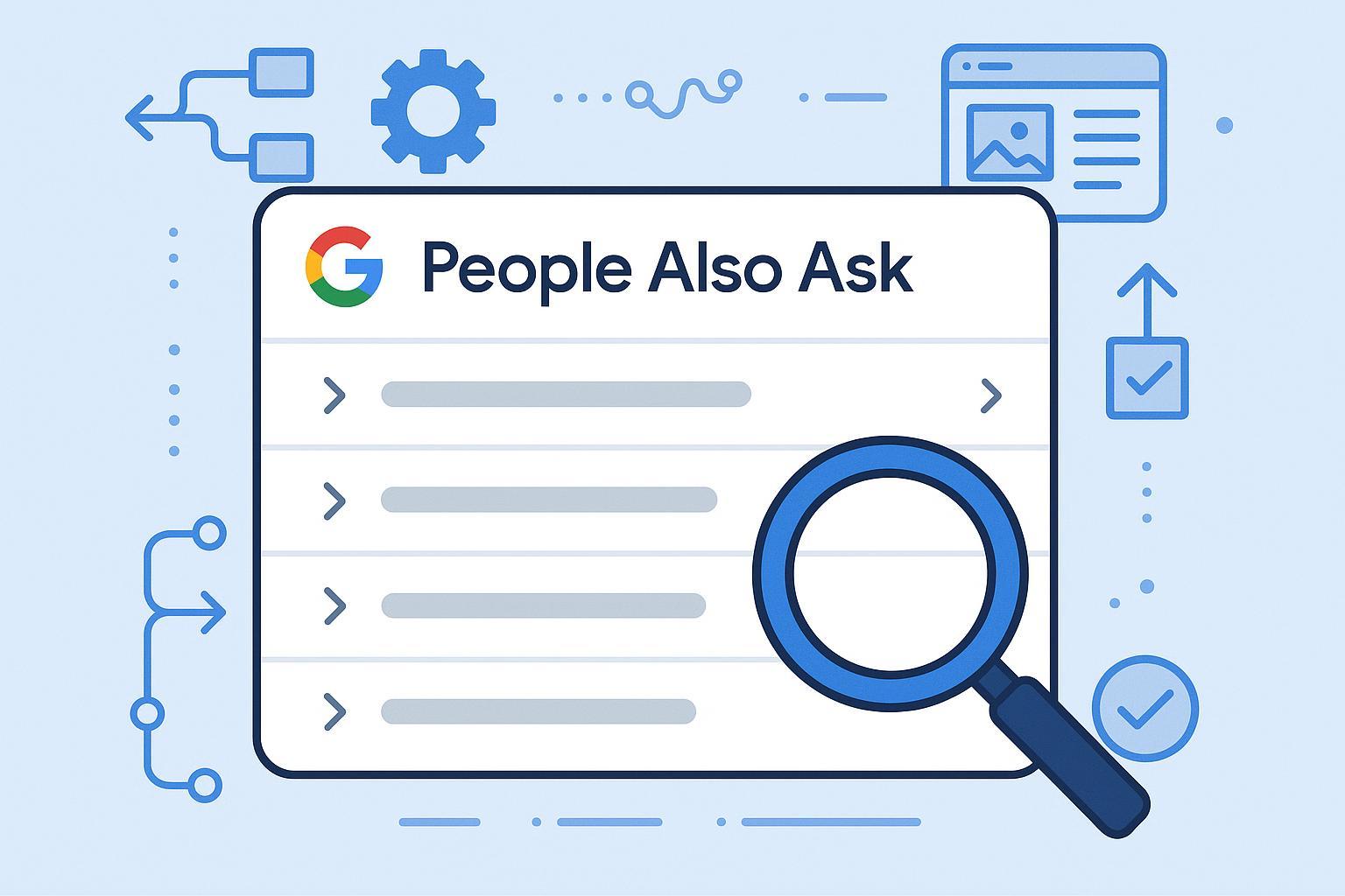 Google PAA盒子与用户意图的插画风封面,突出SEO策略升级主题