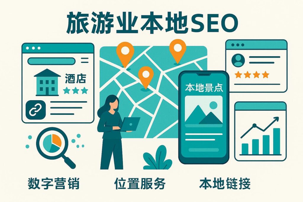 旅游企业本地SEO最佳实践封面图，展示地图标记、手机端本地旅游信息与数据分析