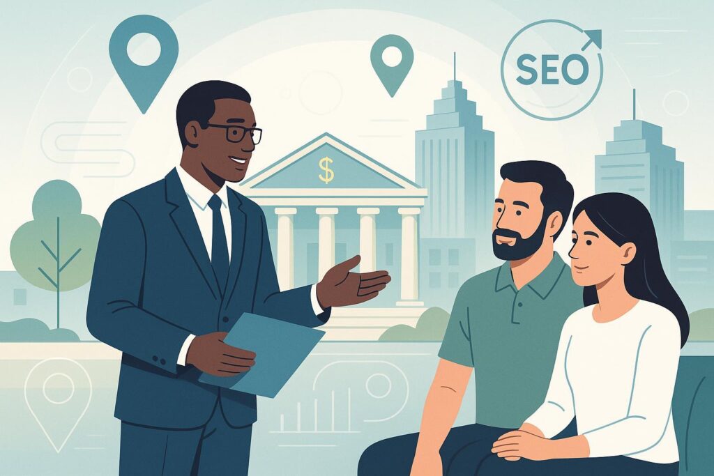 Financial advisor consulting with local clients, map pins and digital icons illustrating local SEO for financial services.