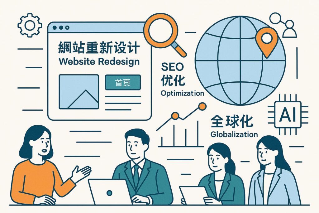 2025年网站重设计核心SEO策略，全球化与AI趋势视觉图