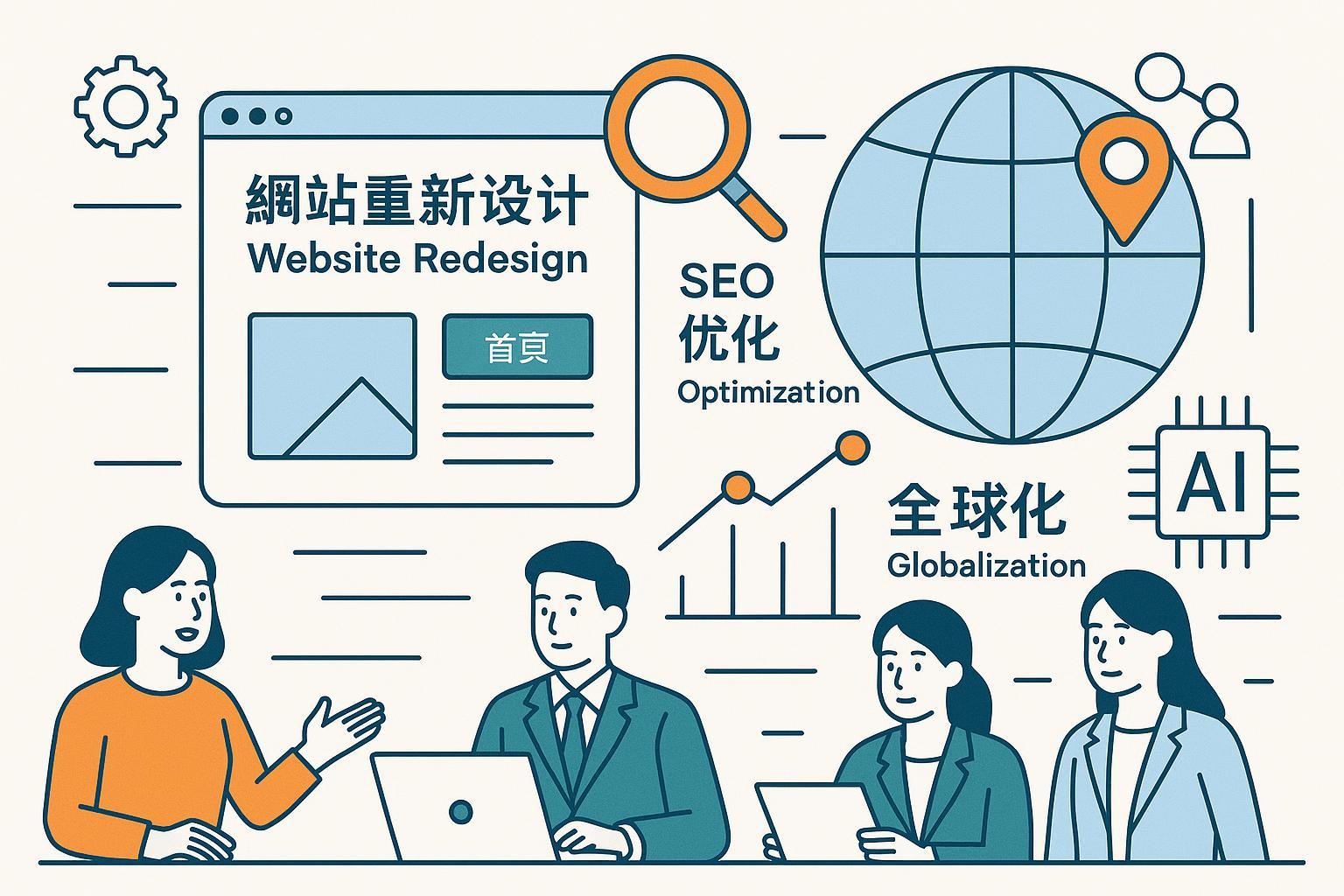 2025年网站重设计核心SEO策略,全球化与AI趋势视觉图