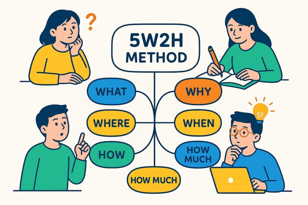 5W2H方法新手指南结构化思维导图及新手学习场景插画
