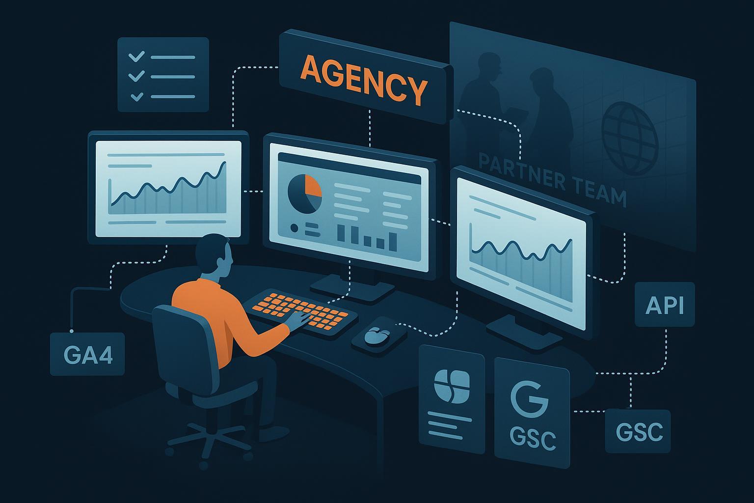 White-label SEO strategy control room with branded dashboards and hidden partner team.