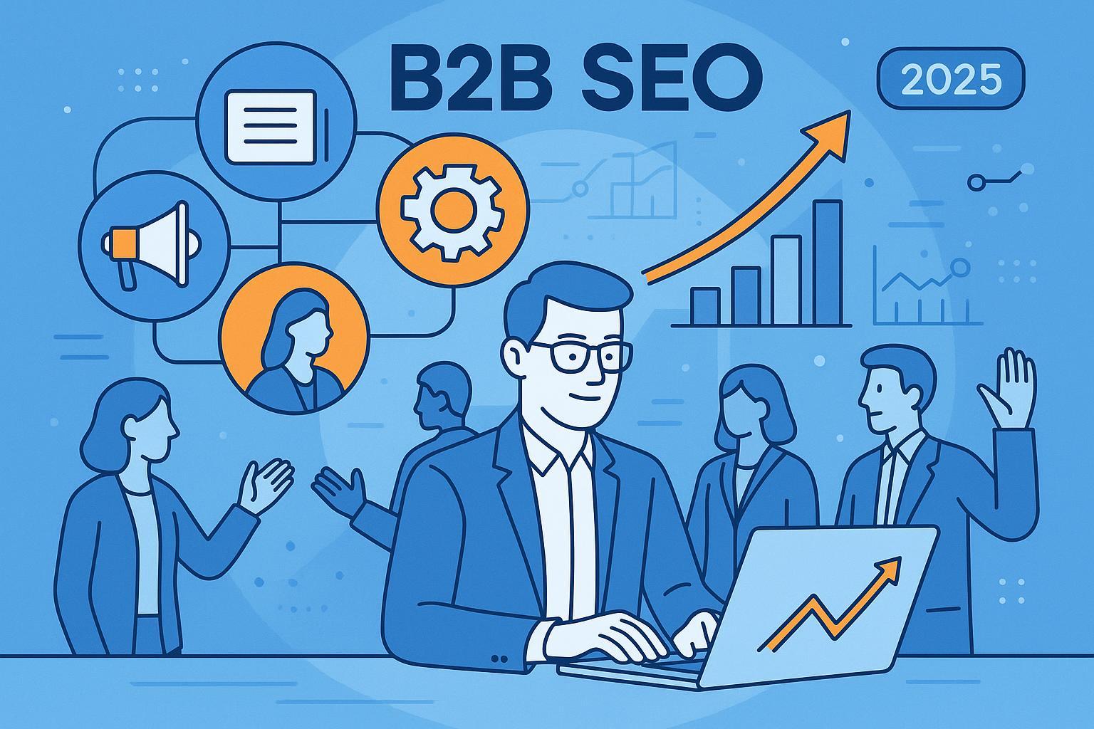 B2B SEO专家引领企业增长的数字化扁平线条插画封面