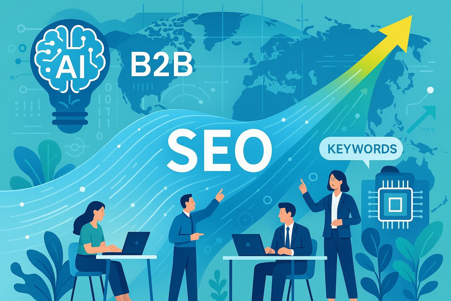 SEO赋能B2B增长的最佳实践封面图，全球数据、AI与企业团队合作象征画面