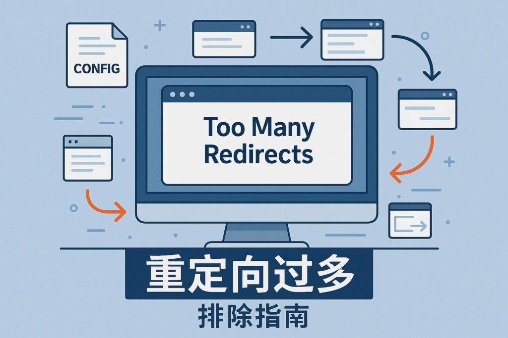 电脑屏幕显示“Too Many Redirects”错误排查与修复指南，技术流程氛围突出的封面图