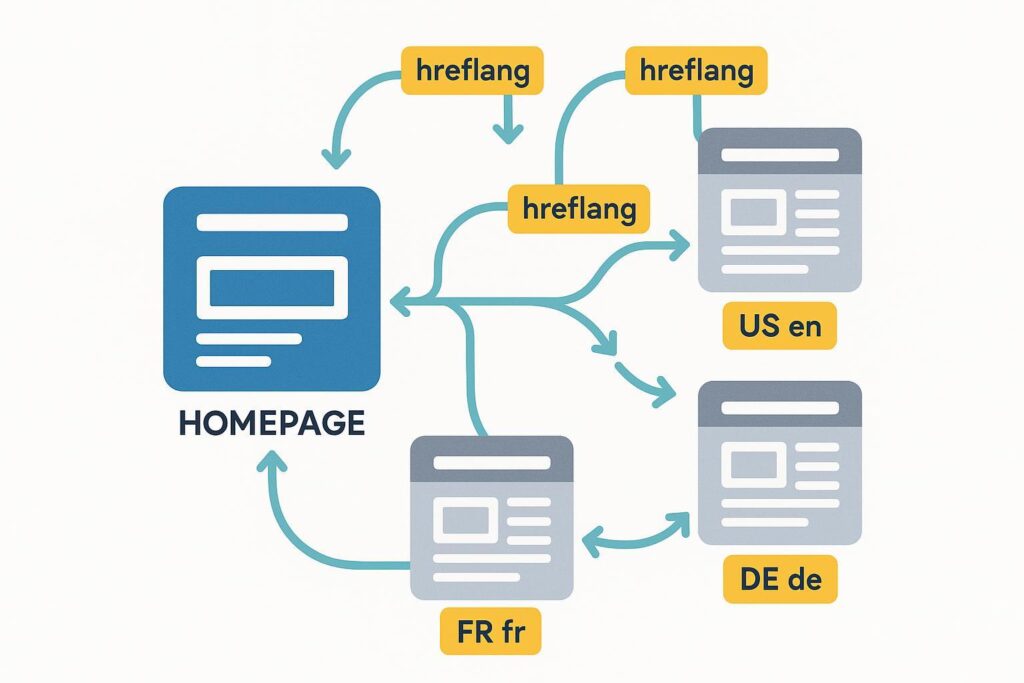多语言网站hreflang互指和返回链接成环结构示意图