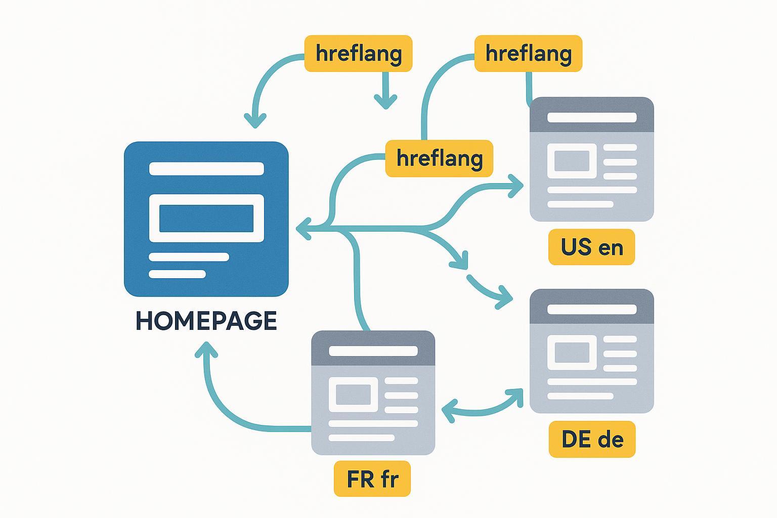 多语言网站hreflang互指和返回链接成环结构示意图