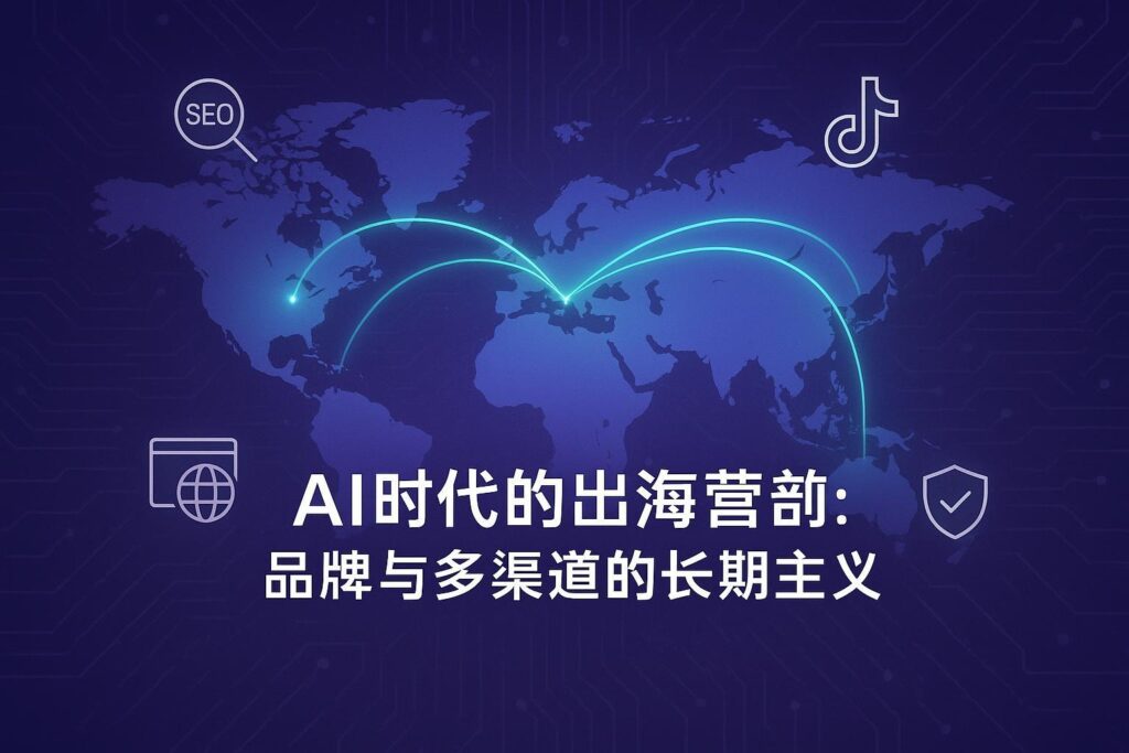AI时代的出海营销终极指南封面：全球地图、AI电路、品牌与多渠道图标