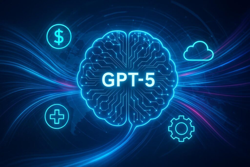 Futuristic digital artwork of GPT-5 neural network accelerating global industry transformation.