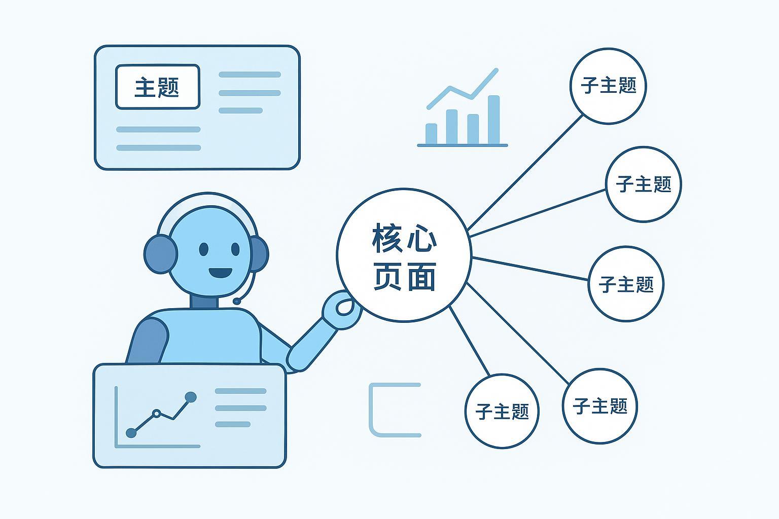 封面图：AI 正在将支柱页与多个子主题节点连接，展示主题集群与内链设计