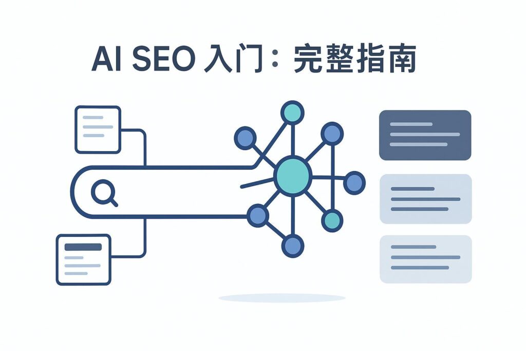 AI SEO 入门：完整指南 封面图，呈现搜索栏与神经网络及引用卡片的极简插画