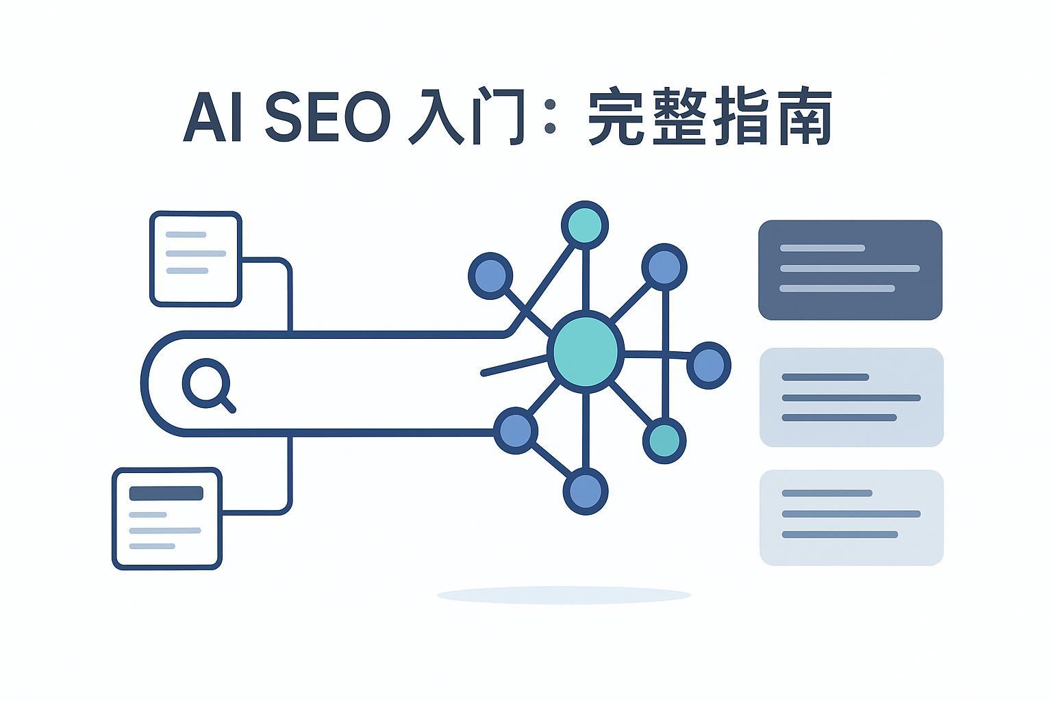 AI SEO 入门：完整指南 封面图，呈现搜索栏与神经网络及引用卡片的极简插画