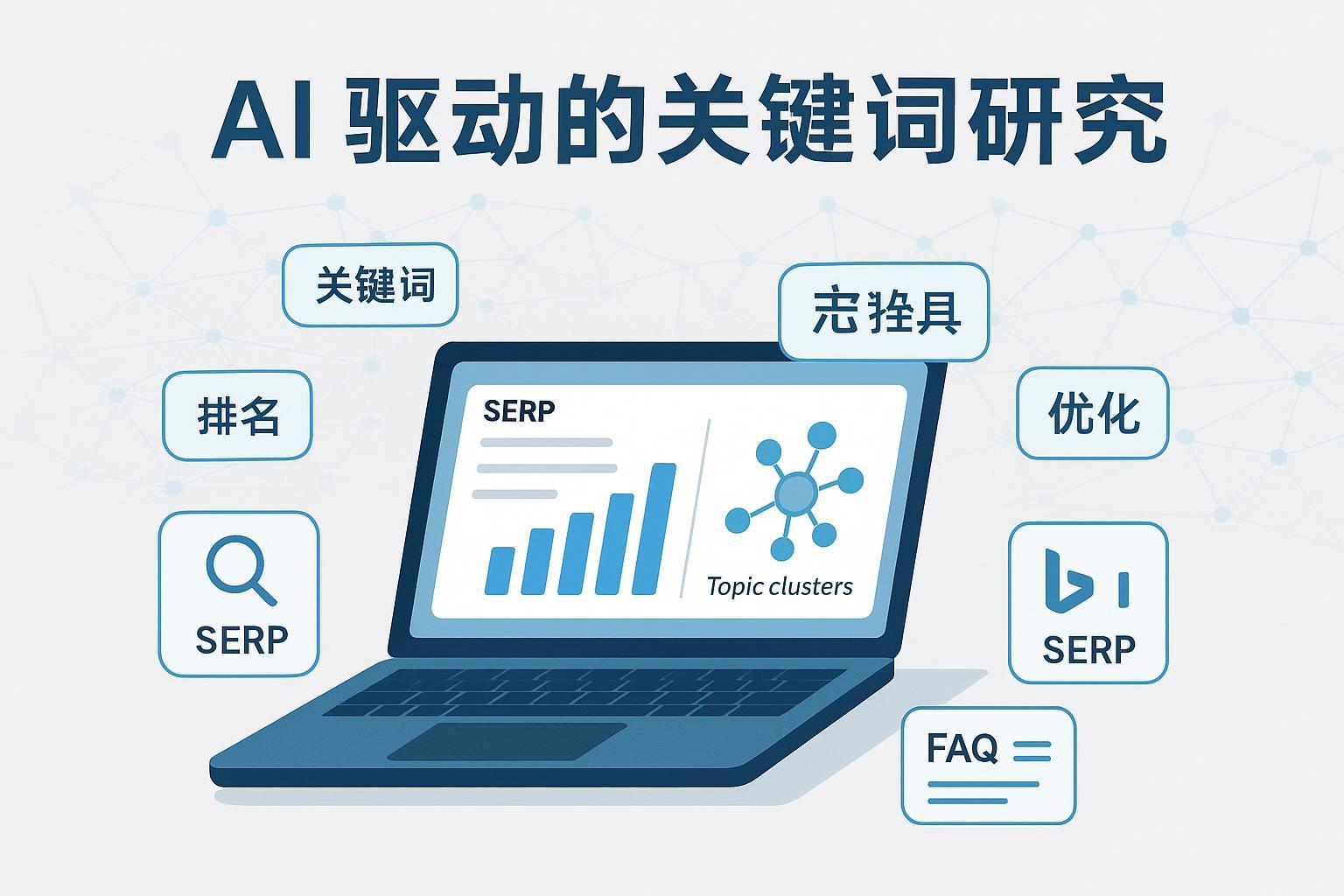封面：AI 驱动的关键词研究教程，展示 SERP 与主题聚类的可视化图层