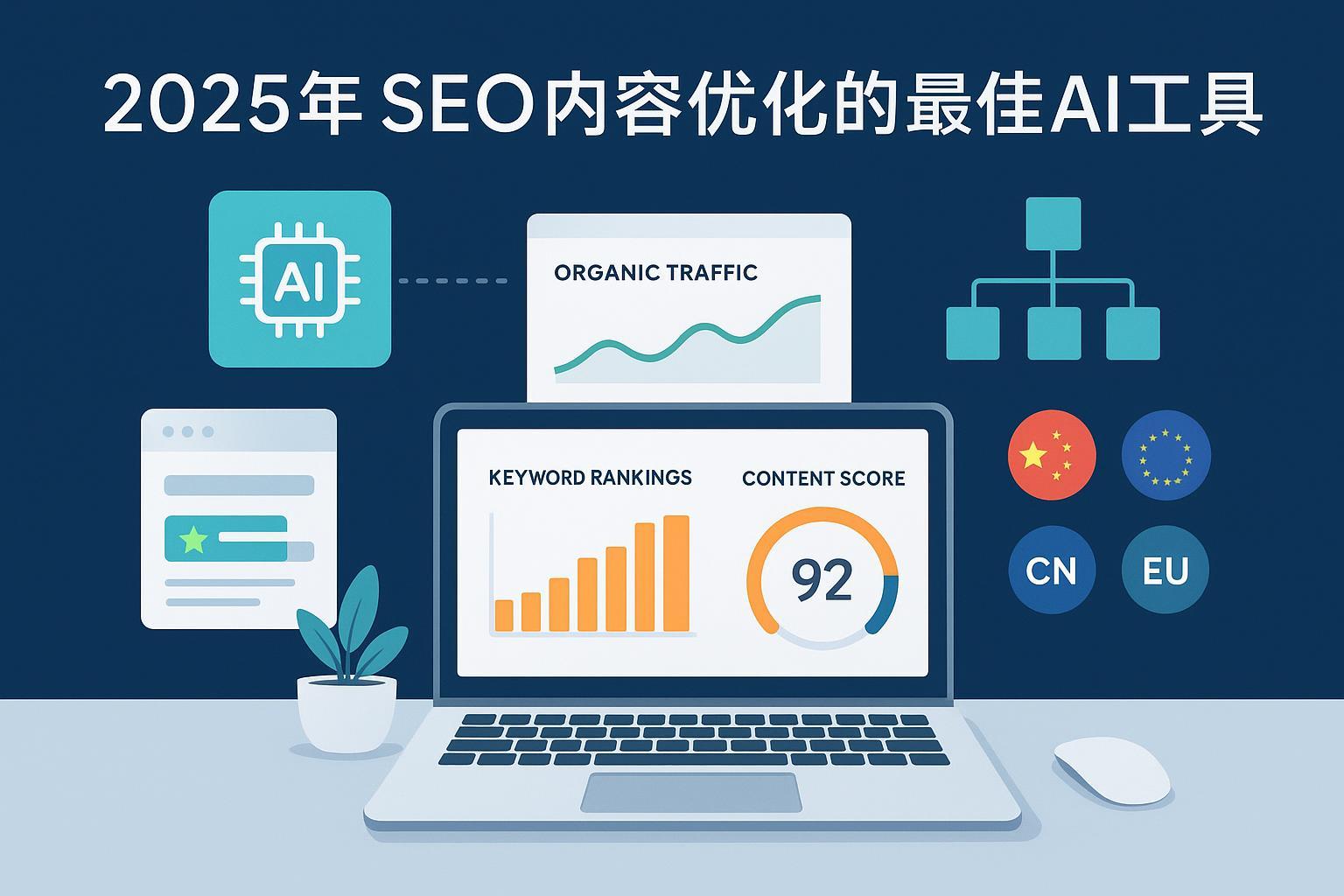 2025年SEO内容优化的最佳AI工具 博客封面：AI与分析仪表盘场景