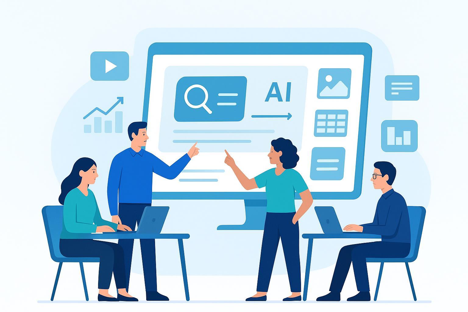 AI驱动的SEO工作流程:内容团队在大屏前协作的扁平化插画封面