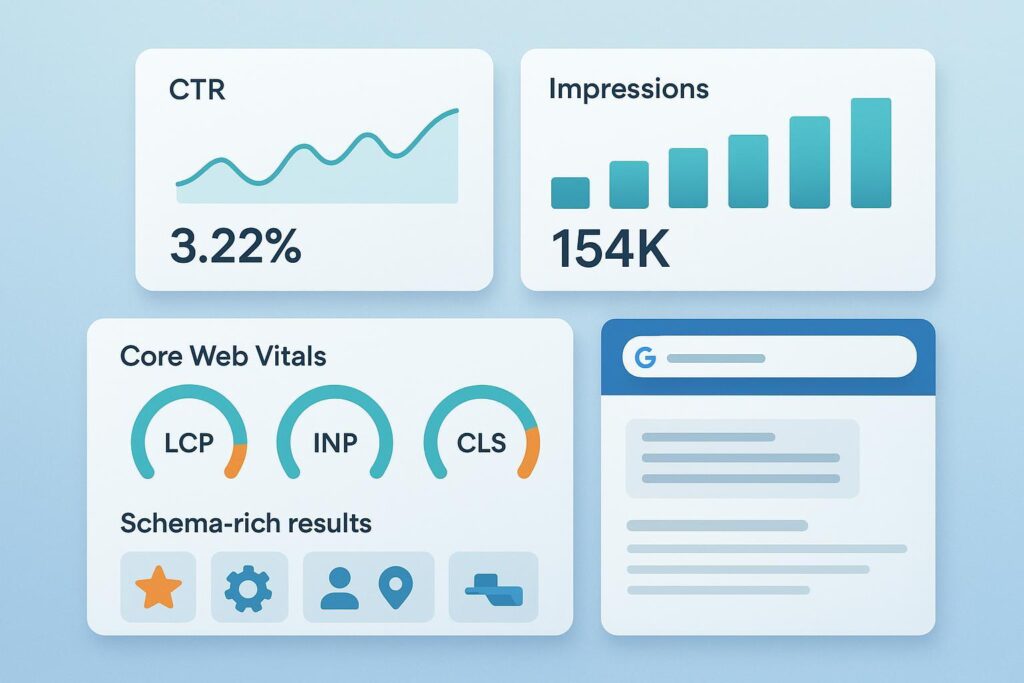 2025 AI SEO metrics dashboard: CTR, impressions, Core Web Vitals, schema, and AI answers visualized