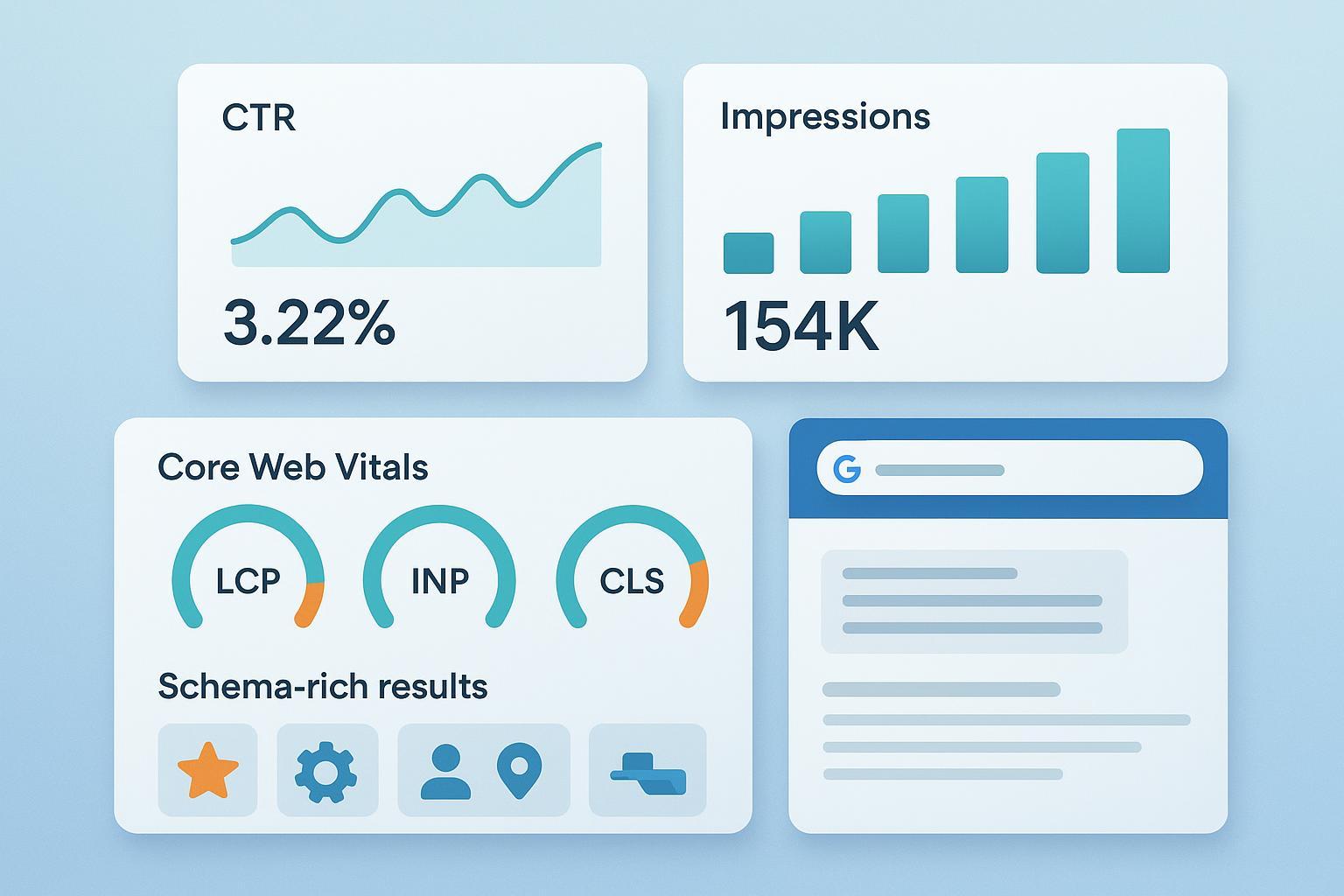 2025 AI SEO metrics dashboard: CTR, impressions, Core Web Vitals, schema, and AI answers visualized