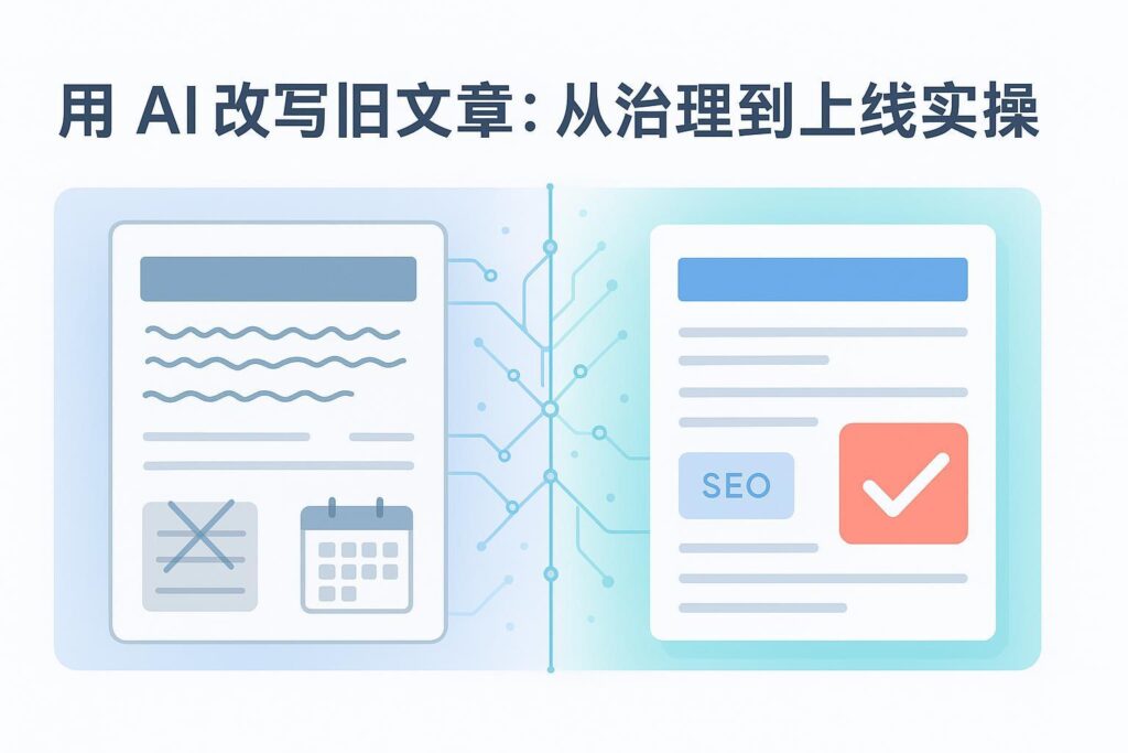 用 AI 改写旧文章的封面图：左旧右新，AI连接两侧，突出SEO优化与发布