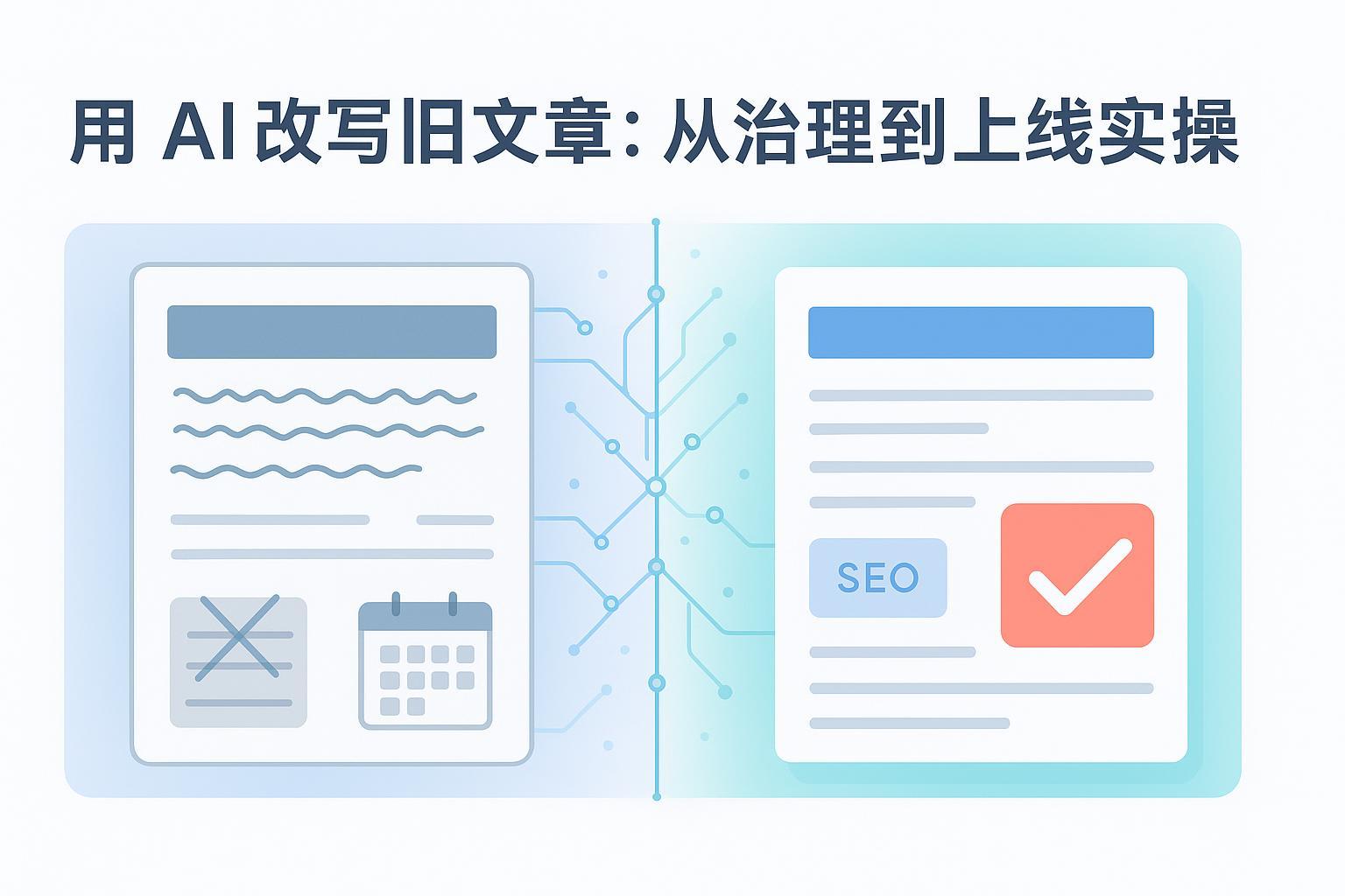 用 AI 改写旧文章的封面图：左旧右新，AI连接两侧，突出SEO优化与发布