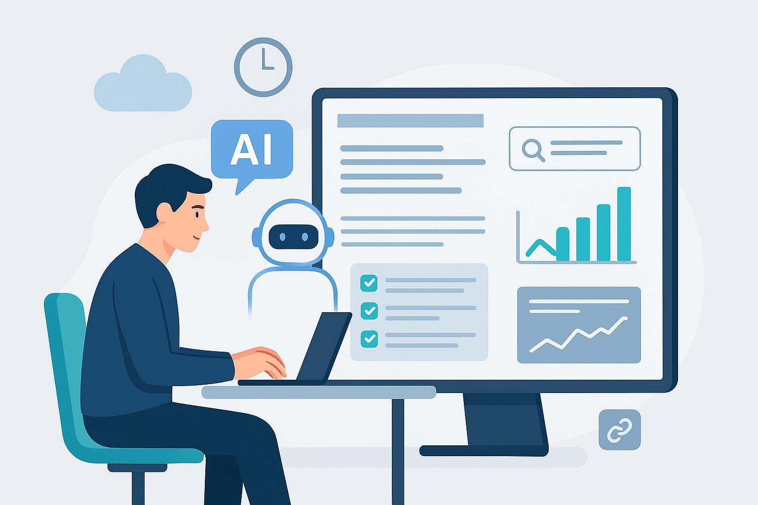 封面图：作者与AI协作，以流程化写博的界面，含大纲、段落、清单与SEO图表。