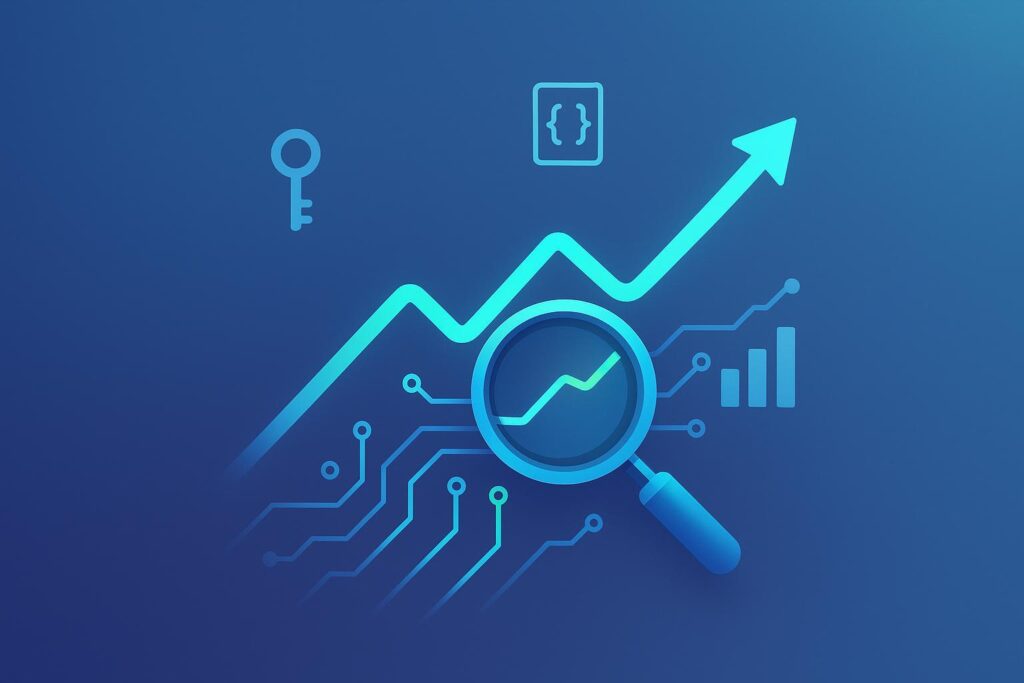 AI助力SEO流量增长的可视化封面，数据曲线与放大镜融合