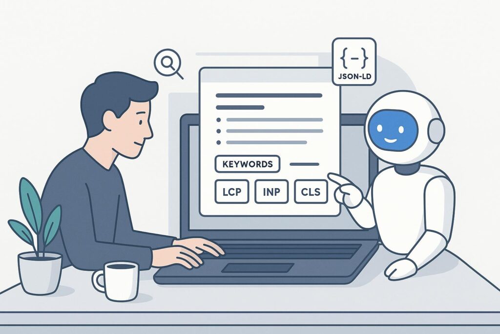 AI协作编写SEO博客的封面插画，展示关键词、结构化数据与Core Web Vitals指标