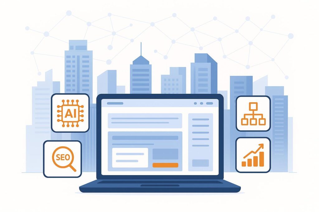 封面图：AI赋能的房地产博客写作最佳实践，城市天际线与区块化编辑器结合