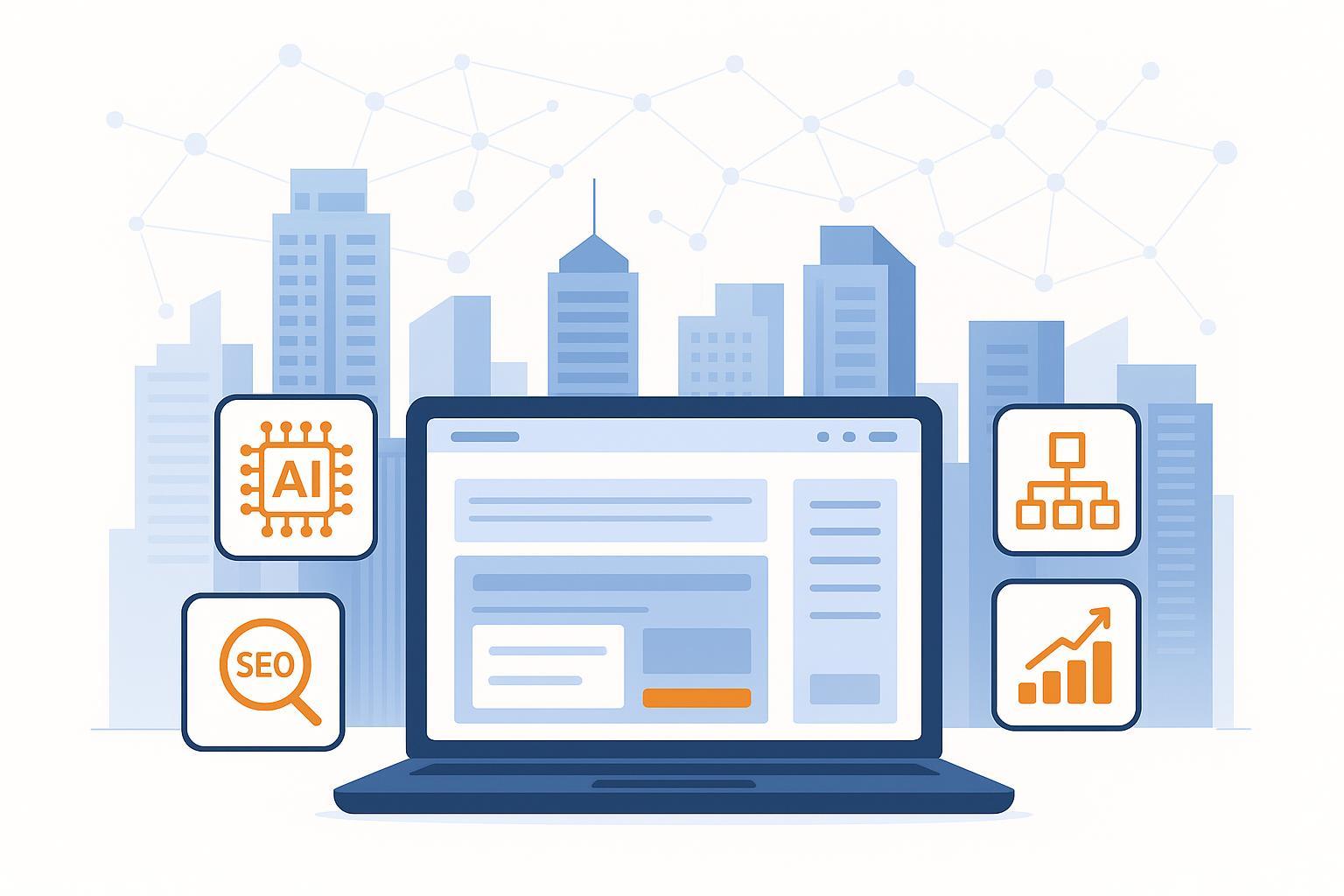 封面图：AI赋能的房地产博客写作最佳实践，城市天际线与区块化编辑器结合