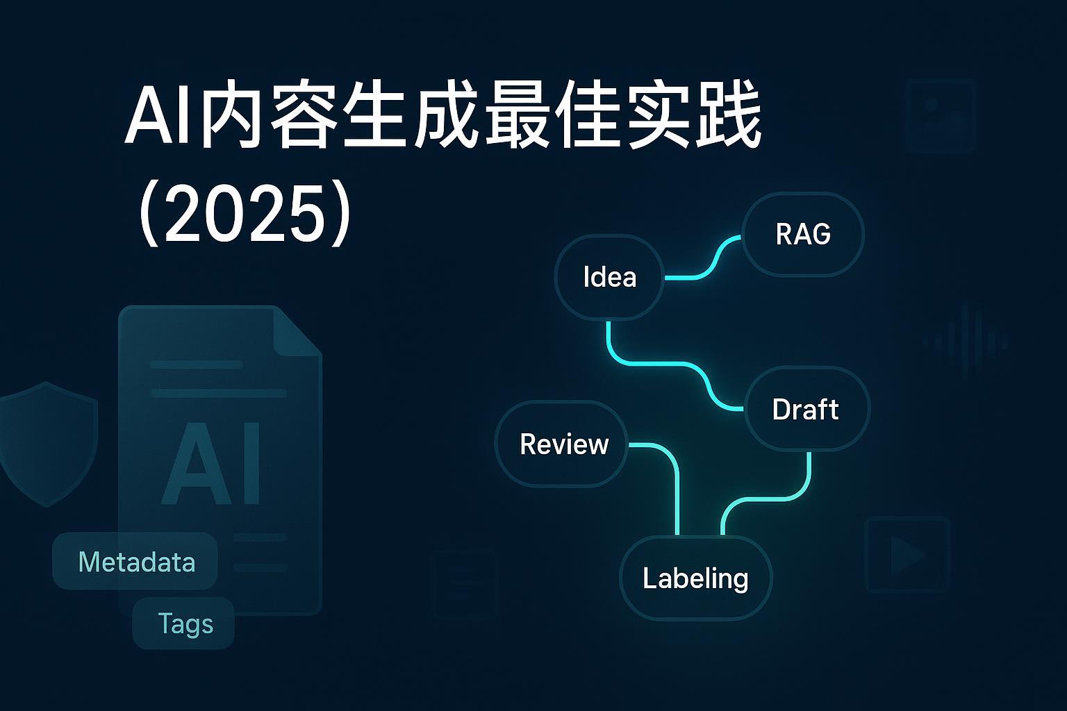 AI内容生成最佳实践（2025）封面：合规标识与Agent化工作流的对照图