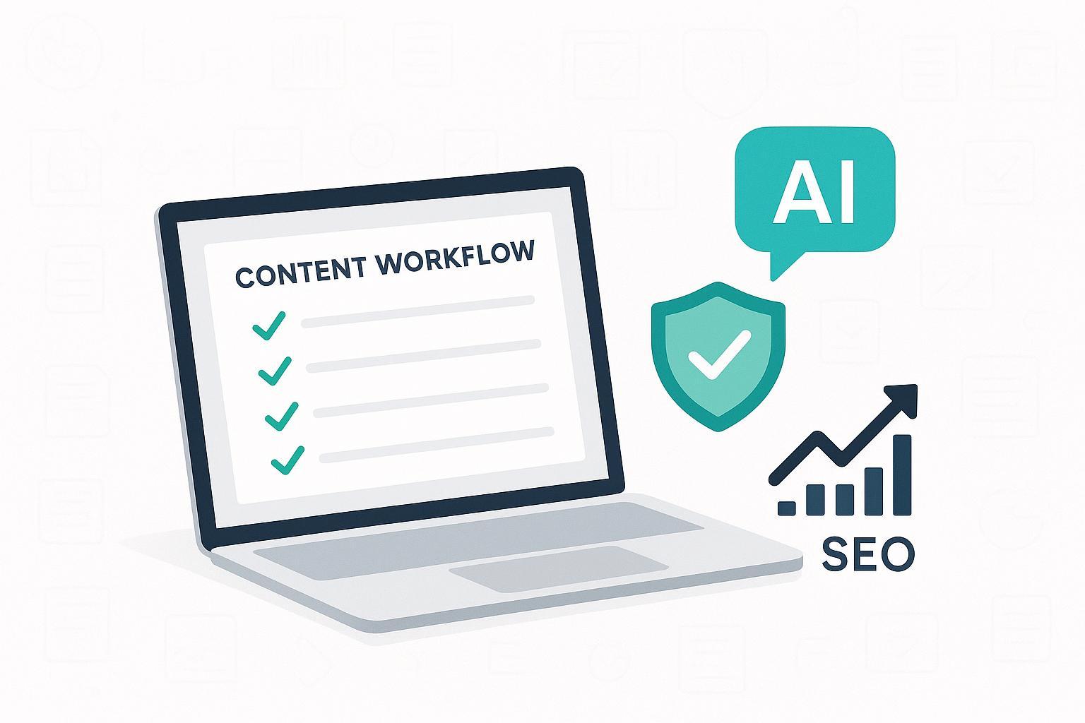 AI内容合规与SEO实操指南封面:工作流清单、AI与合规盾牌、SEO上升曲线