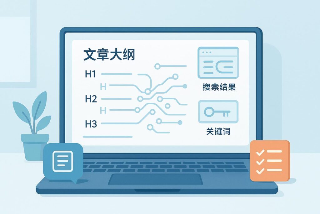 封面图：AI辅助创建博客大纲（笔记本屏幕显示H1/H2/H3结构，带SERP与关键词图标）