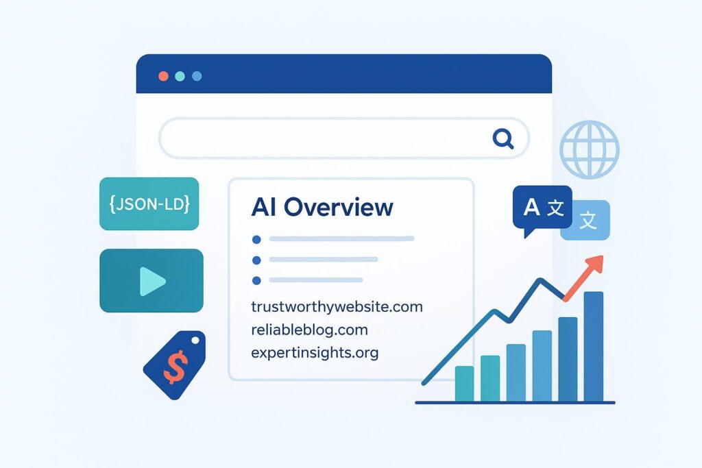 2025 AI SEO cover with AI Overview, schema icons, and analytics upward trend