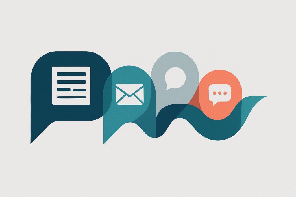 抽象的品牌语调一致性：重叠对话气泡形成稳定波形，代表博客、邮件、社媒与客服对话的统一