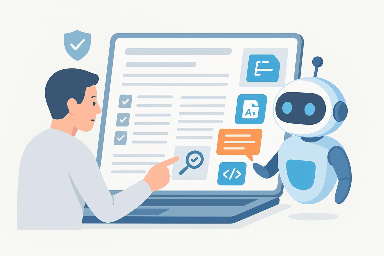 人类编辑与AI协作优化博客文章的插画,含SEO与事实核查元素