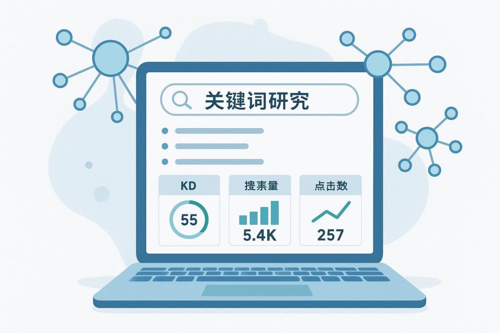 AI 辅助关键词研究的封面图：笔记本屏幕显示 KD、搜索量、点击潜力与关键词聚类