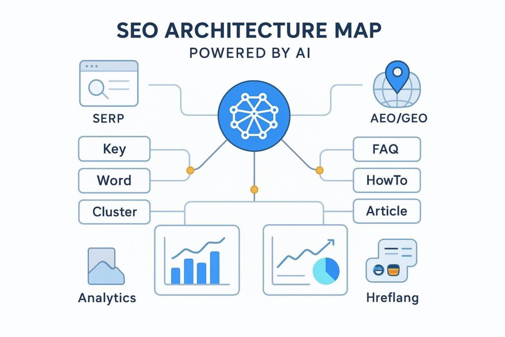 AI驱动的SEO内容规划封面：神经网络连接关键词集群、Schema与分析面板