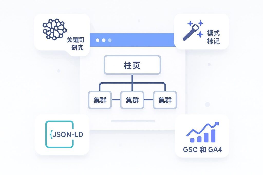 AI增强型SEO策略：主题集群、结构化数据与分析的可视化示意图