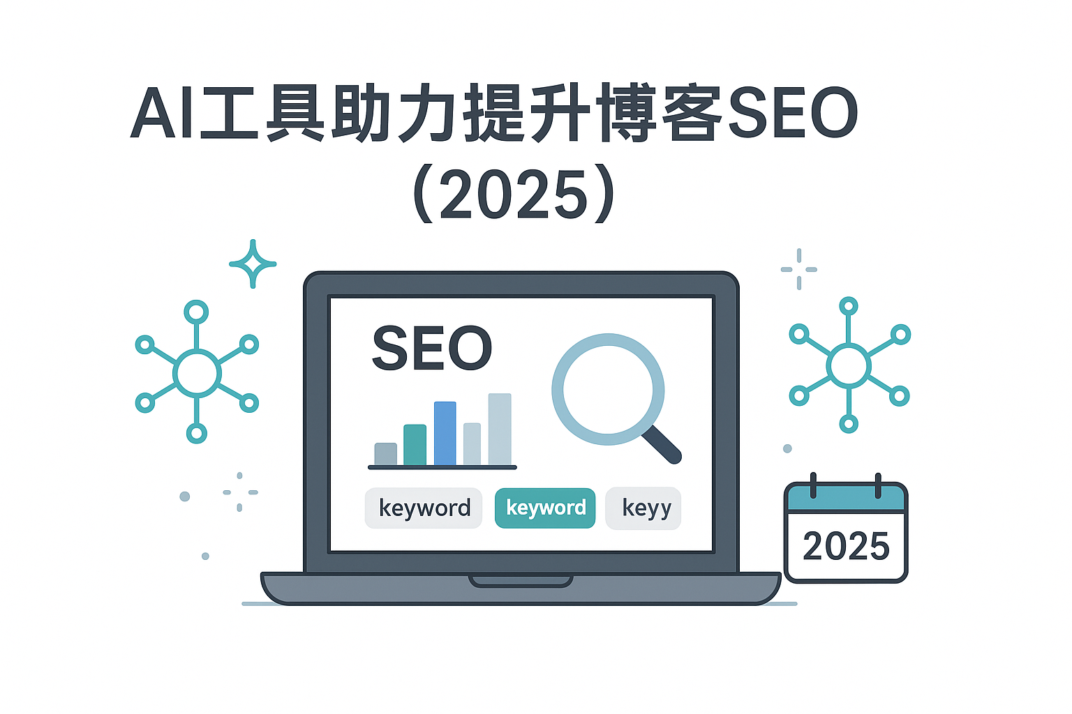 封面图:AI工具助力提升博客SEO(2025)—笔记本与SEO仪表盘、关键词与放大镜、AI节点与2025日历元素