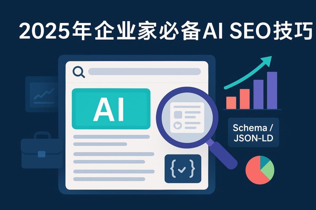 封面图：AI与SEO结合的可视化界面，展示AI高亮、Schema图标与上升曲线