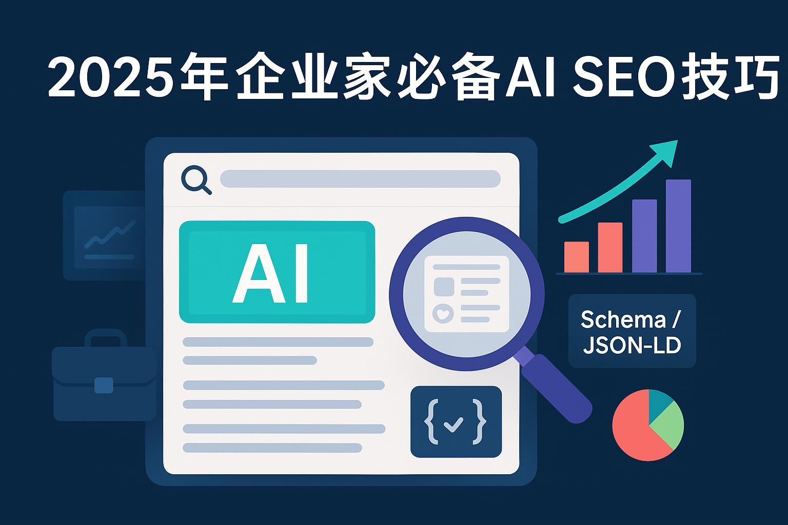 封面图：AI与SEO结合的可视化界面，展示AI高亮、Schema图标与上升曲线
