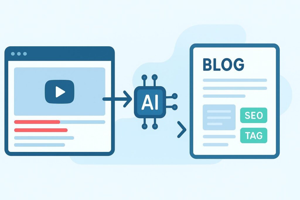 AI将YouTube视频转化为博客的流程插画：字幕→AI处理→SEO优化→博客页