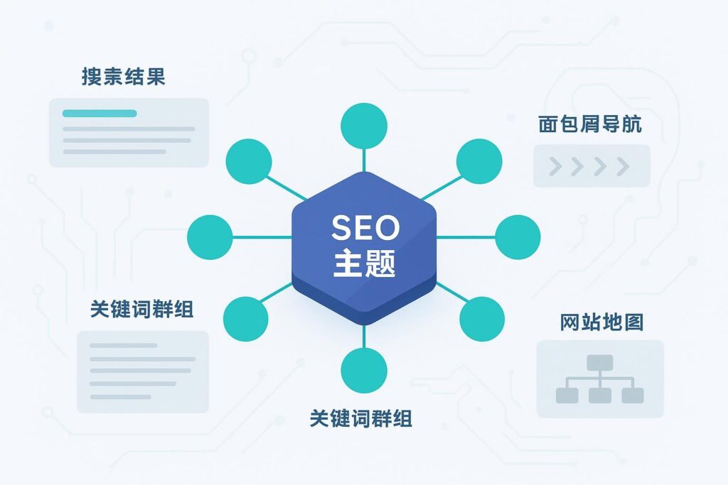 用 AI 构建 SEO 主题地图的示意图：支柱-集群节点、SERP 片段、面包屑与站点地图图标相连