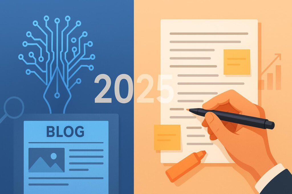 对比AI写作与人工写作的博客封面插图（2025），左侧神经网络与钢笔笔尖，右侧人手编辑纸稿，背景含SEO图标