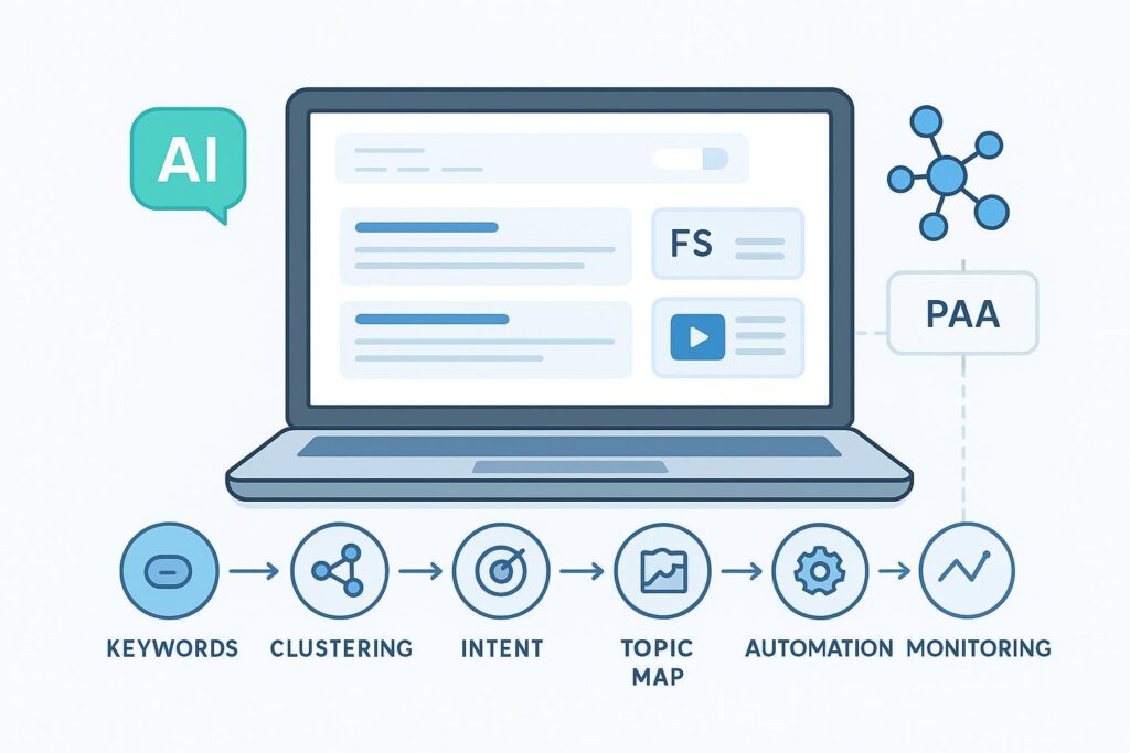 AI 简化 SEO 研究的工作流封面：关键词、聚类、意图、差距、主题地图、自动化与监测的流程图