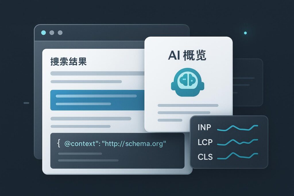 使用AI进行页面SEO优化的可视化封面：Schema、Core Web Vitals与AI摘要卡片