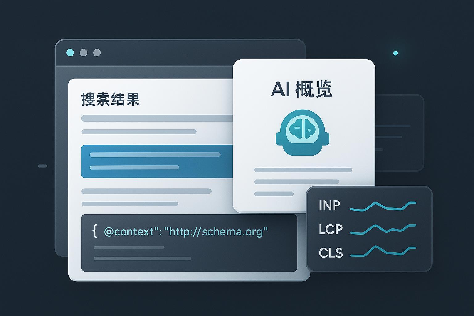 使用AI进行页面SEO优化的可视化封面:Schema、Core Web Vitals与AI摘要卡片
